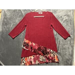 Chicos Travelers Slinky Tunic Top Woman Sz 4/6 Burgundy Hi Lo Floral Artsy USA